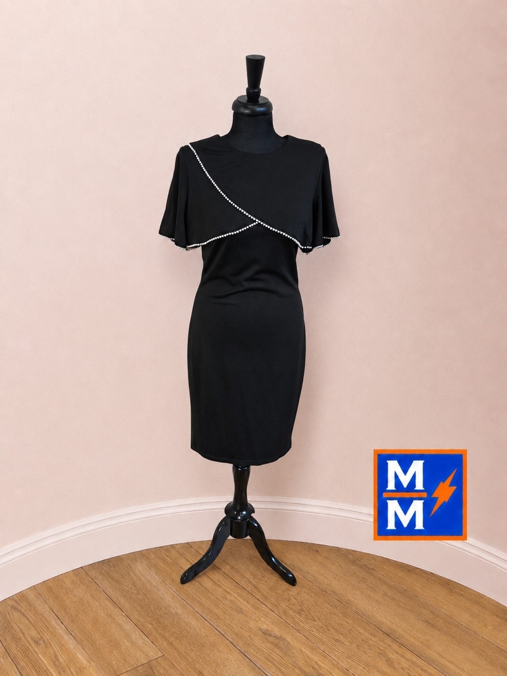 Black Pearl Trim Cape Overlay Sheath Dress Size Small